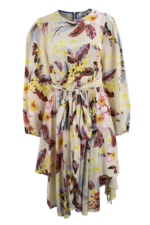 Beige long sleeve tropical floral print silk knee length flare dress.