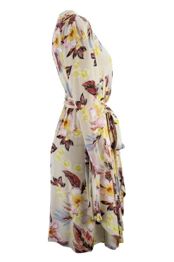 Beige long sleeve tropical floral print silk knee length flare dress.