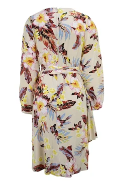 Beige long sleeve tropical floral print silk knee length flare dress.