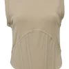 Beige paneled cotton jersey knit corset tank top