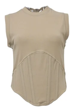Beige paneled cotton jersey knit corset tank top