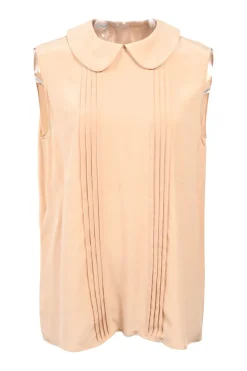 Beige pintuck silk crepe Peter Pan collar sleeveless blouse