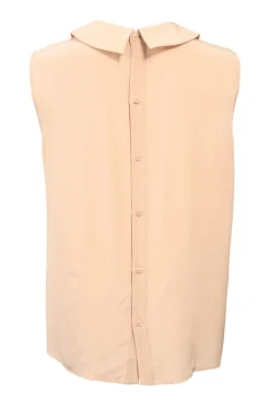 Beige pintuck silk crepe Peter Pan collar sleeveless blouse