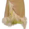Beige polyester chiffon sarong-style mini skirt with faux feather trim