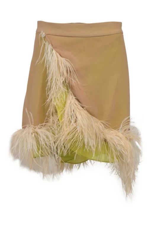 Beige polyester chiffon sarong-style mini skirt with faux feather trim