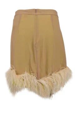 Beige polyester chiffon sarong-style mini skirt with faux feather trim