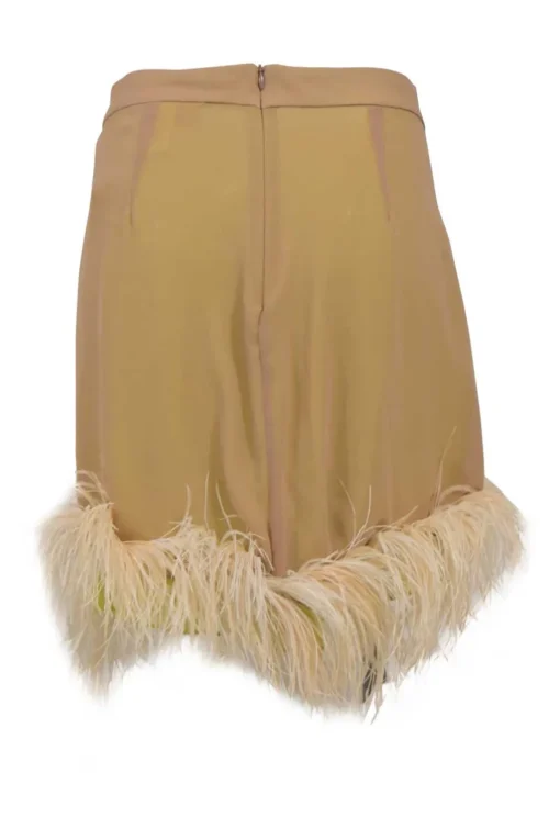 Beige polyester chiffon sarong-style mini skirt with faux feather trim