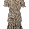 Beige polyester python print wrap-effect drop-waist ruched puff sleeve mini dress