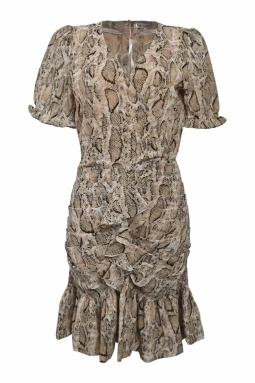 Beige polyester python print wrap-effect drop-waist ruched puff sleeve mini dress