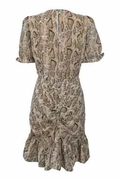 Beige polyester python print wrap-effect drop-waist ruched puff sleeve mini dress