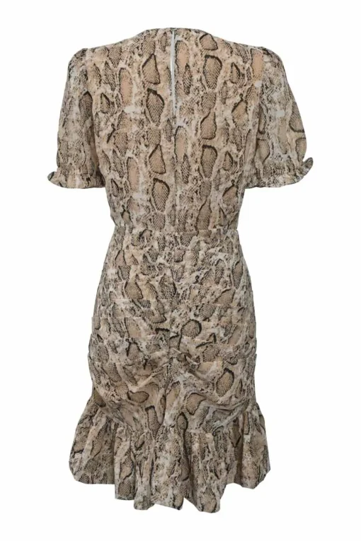 Beige polyester python print wrap-effect drop-waist ruched puff sleeve mini dress