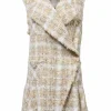 Beige polyester-blend raw-edge Glen check bouclé tweed wrap-front notch collar apron-style drop-waist sleeveless shift dress