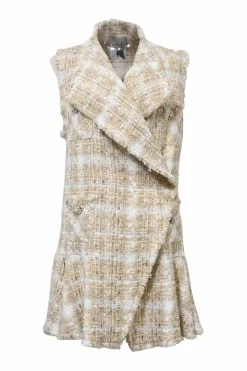 Beige polyester-blend raw-edge Glen check bouclé tweed wrap-front notch collar apron-style drop-waist sleeveless shift dress