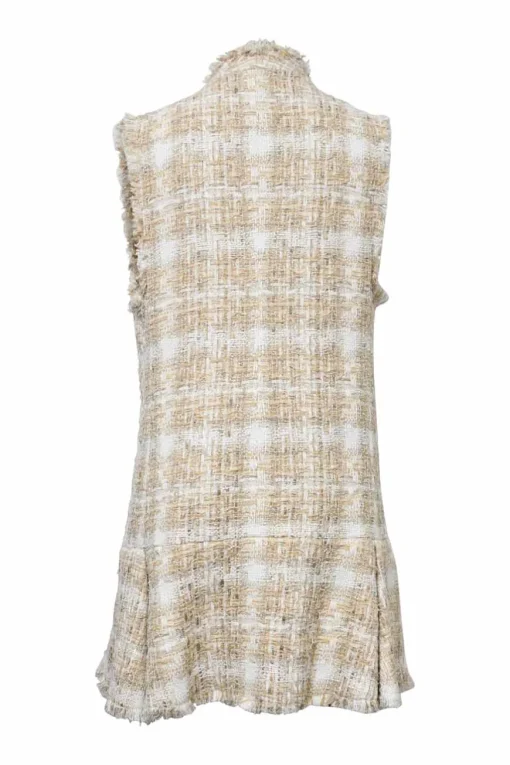 Beige polyester-blend raw-edge Glen check bouclé tweed wrap-front notch collar apron-style drop-waist sleeveless shift dress