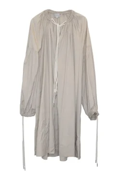 Beige rayon tunic-style pullover shift with drawstring collar and rope-tie cuffs