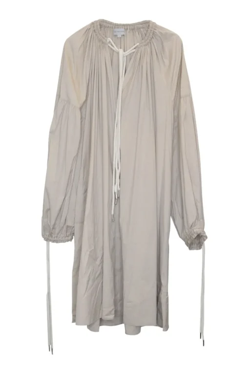Beige rayon tunic-style pullover shift with drawstring collar and rope-tie cuffs