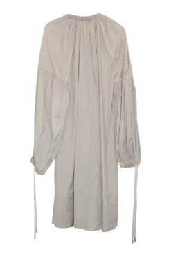 Beige rayon tunic-style pullover shift with drawstring collar and rope-tie cuffs