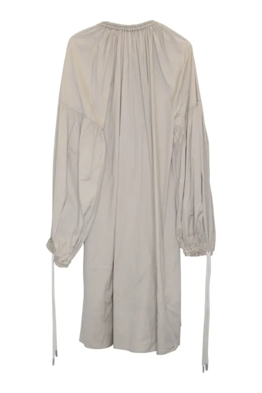 Beige rayon tunic-style pullover shift with drawstring collar and rope-tie cuffs
