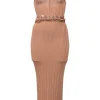 Beige rayon-blend flat rib Braided Cami bustier sheath dress