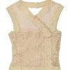 Beige semi-sheer scalloped floral lace wrap-effect button-loop peek-a-boo camisole
