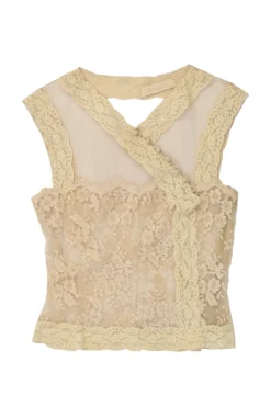 Beige semi-sheer scalloped floral lace wrap-effect button-loop peek-a-boo camisole