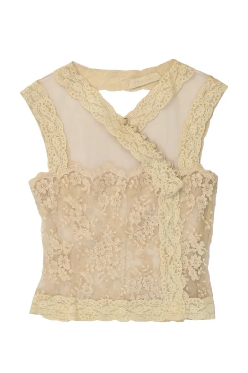 Beige semi-sheer scalloped floral lace wrap-effect button-loop peek-a-boo camisole