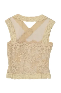 Beige semi-sheer scalloped floral lace wrap-effect button-loop peek-a-boo camisole