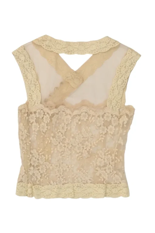 Beige semi-sheer scalloped floral lace wrap-effect button-loop peek-a-boo camisole