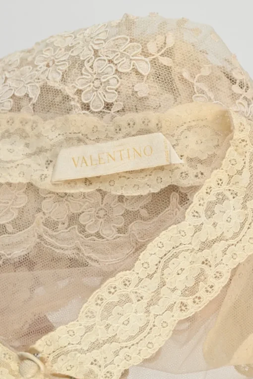 Beige semi-sheer scalloped floral lace wrap-effect button-loop peek-a-boo camisole