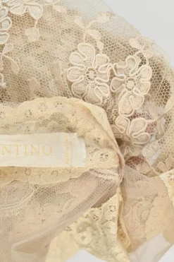 Beige semi-sheer scalloped floral lace wrap-effect button-loop peek-a-boo camisole
