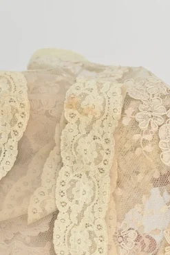 Beige semi-sheer scalloped floral lace wrap-effect button-loop peek-a-boo camisole