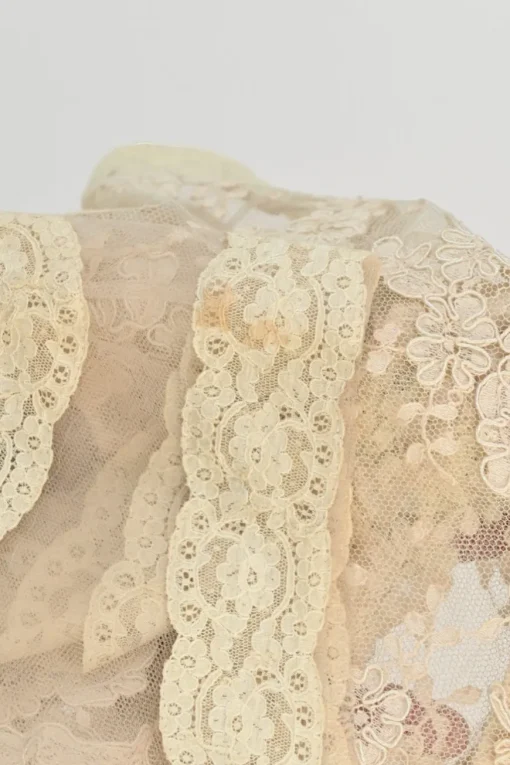 Beige semi-sheer scalloped floral lace wrap-effect button-loop peek-a-boo camisole