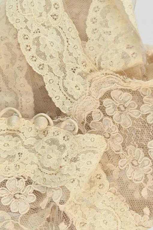 Beige semi-sheer scalloped floral lace wrap-effect button-loop peek-a-boo camisole