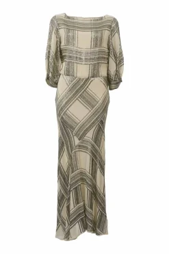 Beige sequined viscose flutter sleeve square neck mermaid gown