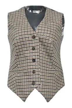 Beige sequined wool-blend check tweed button-front waistcoat
