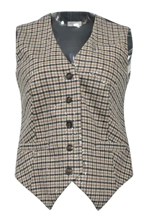 Beige sequined wool-blend check tweed button-front waistcoat
