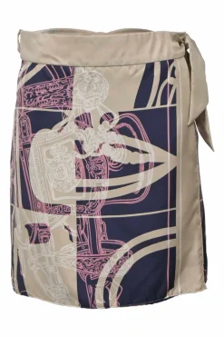 Beige silk ‘Brides de Gala en Désordre’ wrap mini skirt featuring original artwork by Hugo Grygkar and Cyrille Diatkine