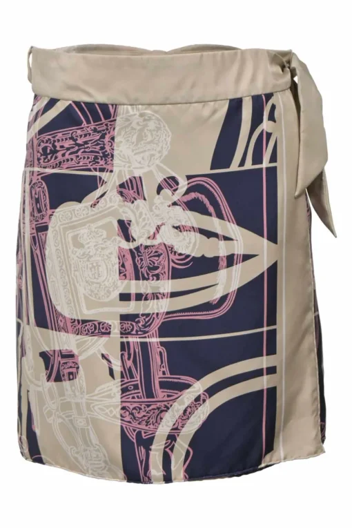 Beige silk ‘Brides de Gala en Désordre’ wrap mini skirt featuring original artwork by Hugo Grygkar and Cyrille Diatkine