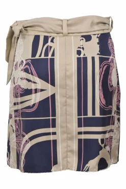 Beige silk ‘Brides de Gala en Désordre’ wrap mini skirt featuring original artwork by Hugo Grygkar and Cyrille Diatkine