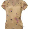 Beige silk floral print V-neck cap sleeve blouse