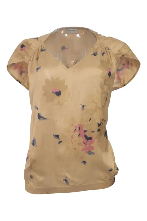 Beige silk floral print V-neck cap sleeve blouse