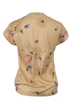 Beige silk floral print V-neck cap sleeve blouse