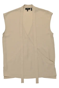 Beige silk relaxed wrap-effect sleeveless top with neck-tie fastening