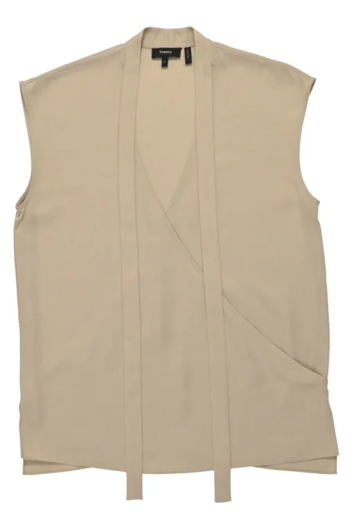 Beige silk relaxed wrap-effect sleeveless top with neck-tie fastening
