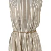 Beige striped silk tie-waist plunge neck sleeveless peplum blouse