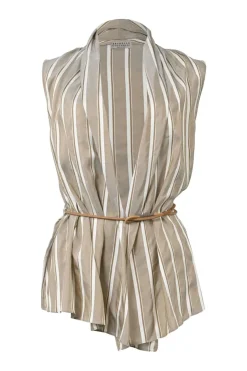 Beige striped silk tie-waist plunge neck sleeveless peplum blouse