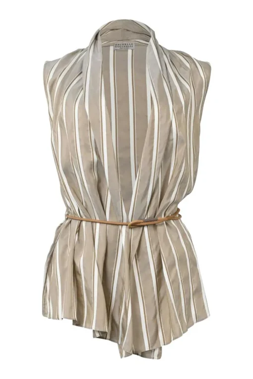 Beige striped silk tie-waist plunge neck sleeveless peplum blouse