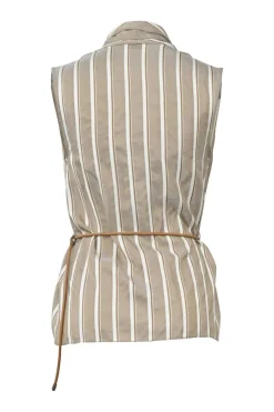 Beige striped silk tie-waist plunge neck sleeveless peplum blouse