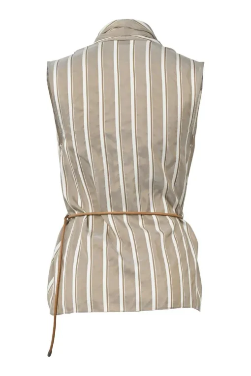 Beige striped silk tie-waist plunge neck sleeveless peplum blouse