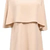 Beige viscose blend crepe bateau neck layered cape top with open back